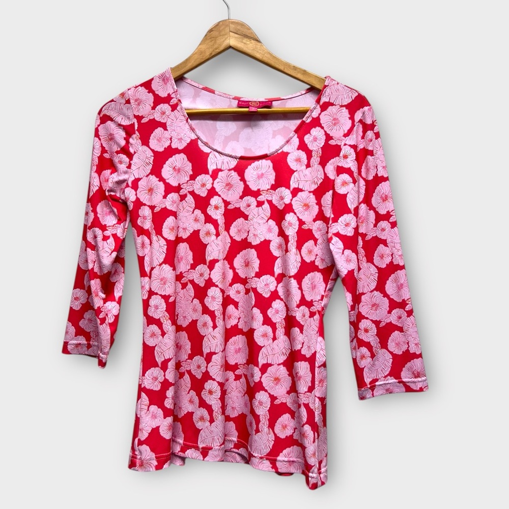 Kaeli Smith Floral Coral Red Women's 3/4 Sleeve Top Resort wear Small